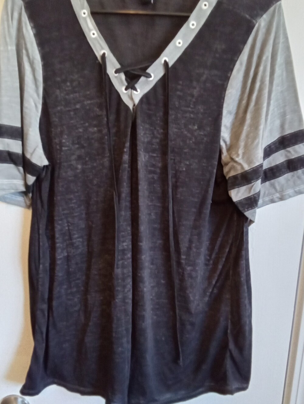 #6084 Casual Black & Gray Lace-Up V-Neck Men's Shirt. -M